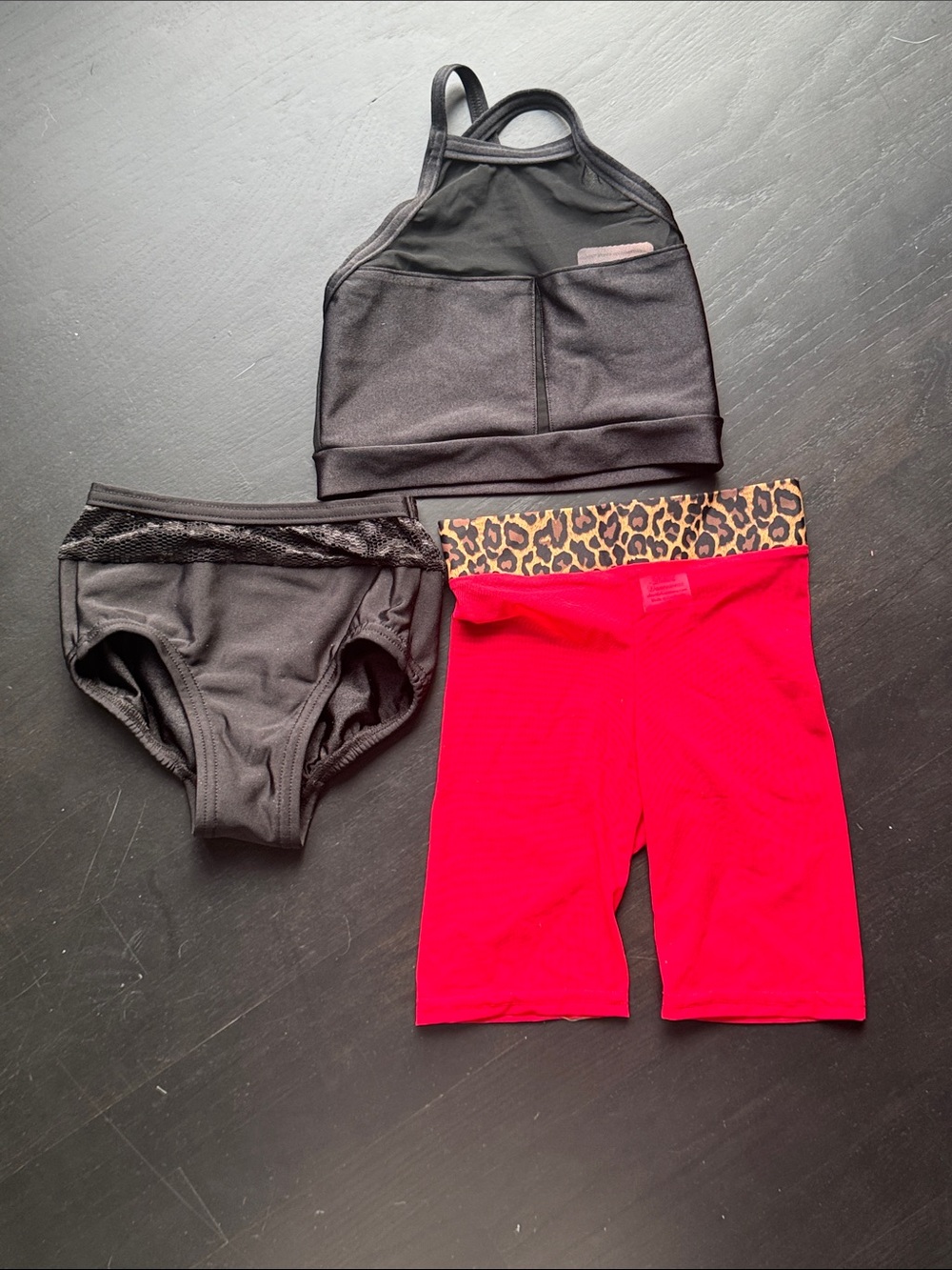 Black Sports Bra + Black Briefs + Red Leopard Waist Shorts Set